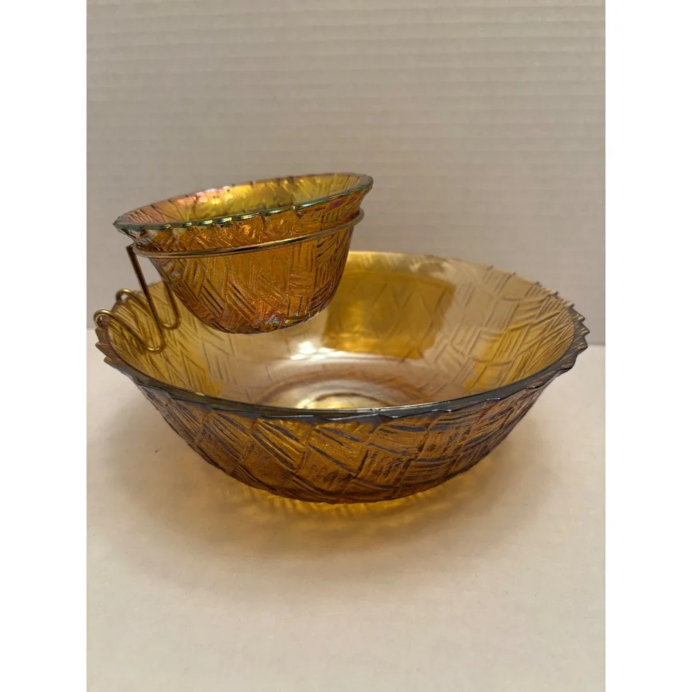Indiana Glass Amber Tiara Sandwich Carnival Glass Chip and Dip Set 2 Piece‎